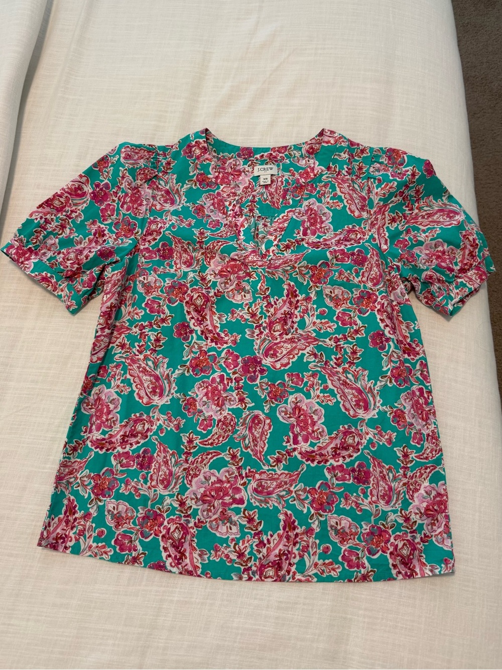 J. Crew Factory Teal Floral Paisley Short Sleeve Blouse